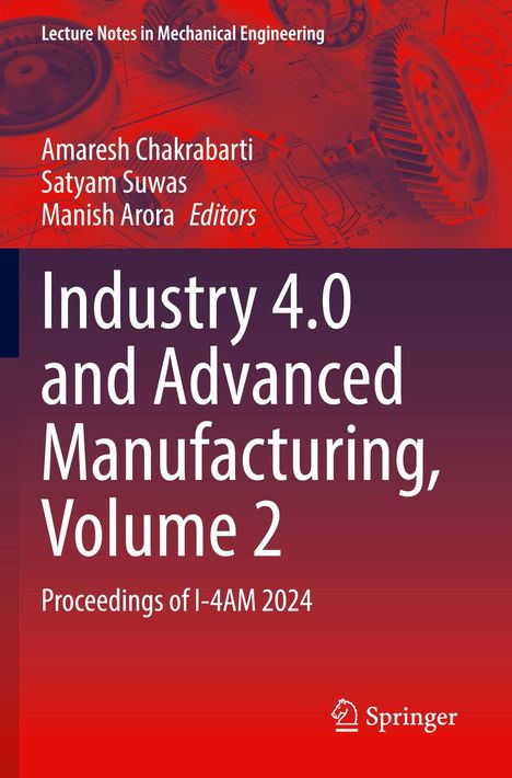 Titel: "Industry 4.0 and Advanced Manufacturing, Volume 2". Rotes Hintergrundbild mit Zahnrädern und Skizzen.