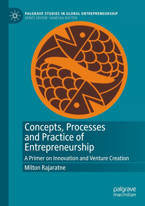 Titel: "Concepts, Processes and Practice of Entrepreneurship". Eine orange-braune, kreisförmige Illustration eines Fisches.