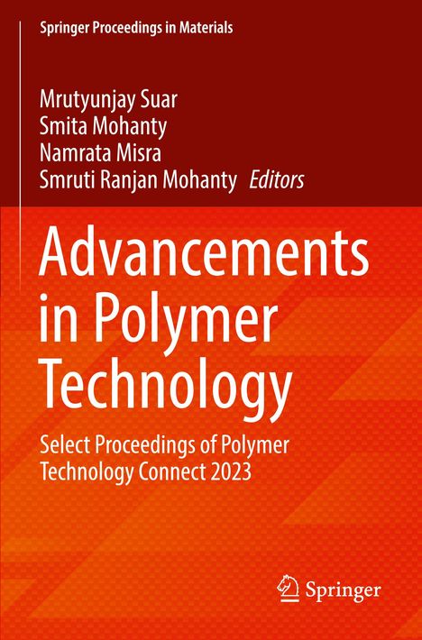 "Advancements in Polymer Technology" von Mrutyunjay Suar und anderen. Roter und orange Hintergrund, Springer-Logo.