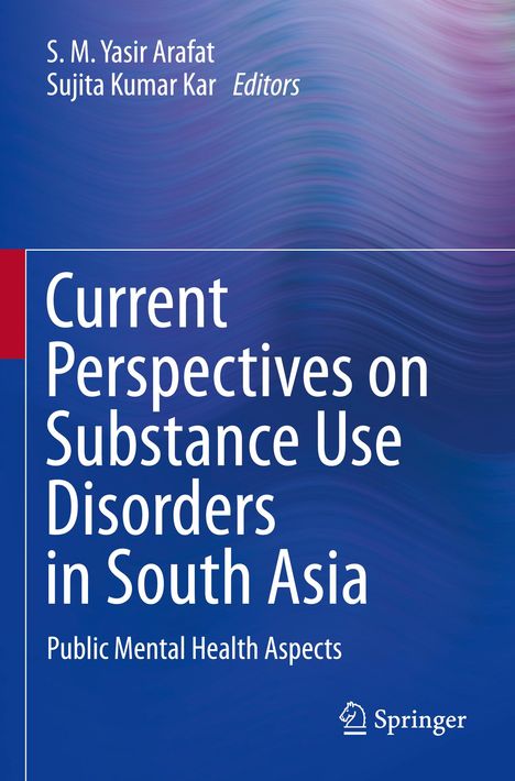 „Current Perspectives on Substance Use Disorders in South Asia“ steht in Weiß auf einem blauen, wellenförmigen Hintergrund.