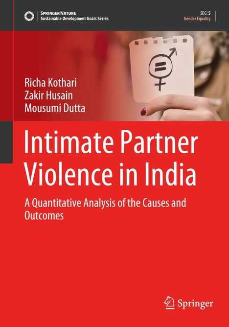 Ein rotes Buchcover mit Texten: Titel "Intimate Partner Violence in India", Autoren "Richa Kothari, Zakir Husain, Mousumi Dutta".