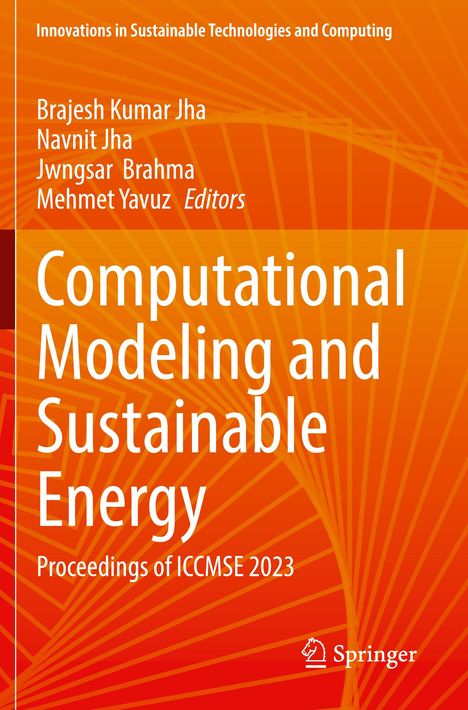Buchtitel: "Computational Modeling and Sustainable Energy". Orange Hintergrund mit abstraktem Muster. Logo von Springer.