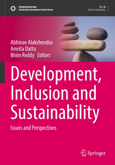 Oben Namen von Editoren; Thema: "Development, Inclusion and Sustainability: Issues and Perspectives." Steinbalance.