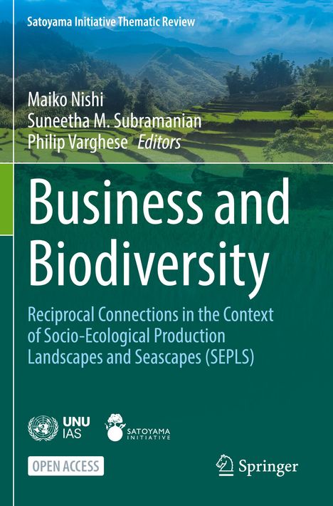 Text enthält Titel "Business and Biodiversity", Autoren, Herausgeber. Im Hintergrund grüne Terrassenfelder und Wald.