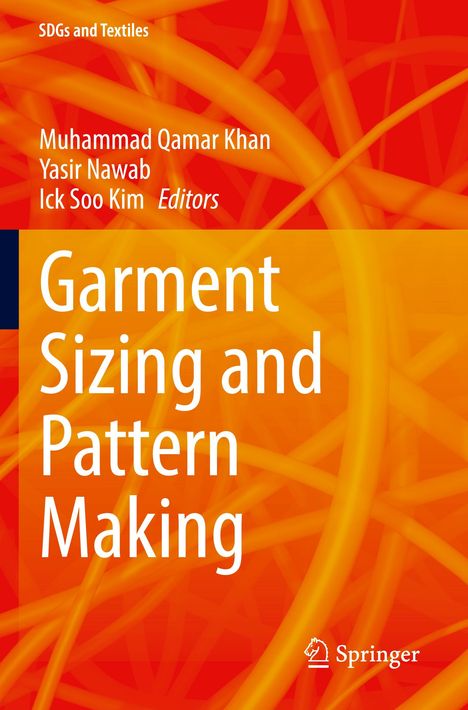"Garment Sizing and Pattern Making" in Weiß auf einem orange-roten Hintergrund mit wirbelnden Linien. Springer-Logo unten.