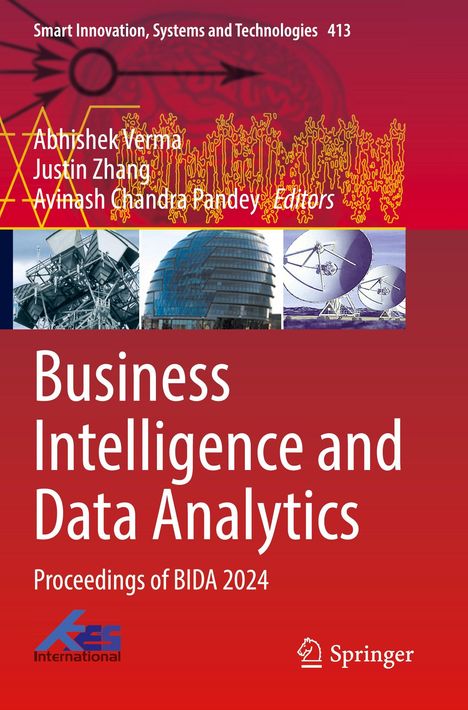 Oben: "Smart Innovation, Systems and Technologies 413". Mittig: "Business Intelligence and Data Analytics". Unten: "Proceedings of BIDA 2024". Dreiteilige technische Illustration mit Gebäuden und Satellitenschüsseln.