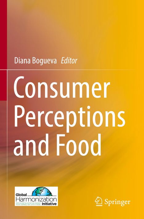 Text: „Diana Bogueva Editor. Consumer Perceptions and Food.“ Unten links Logo: „Global Harmonization Initiative“. Hintergrund: Gelb-rot.