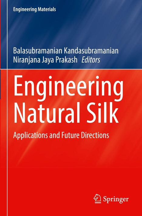 Buchtitel: "Engineering Natural Silk: Applications and Future Directions". Schlichtes, zweifarbiges Cover in Blau und Rot.