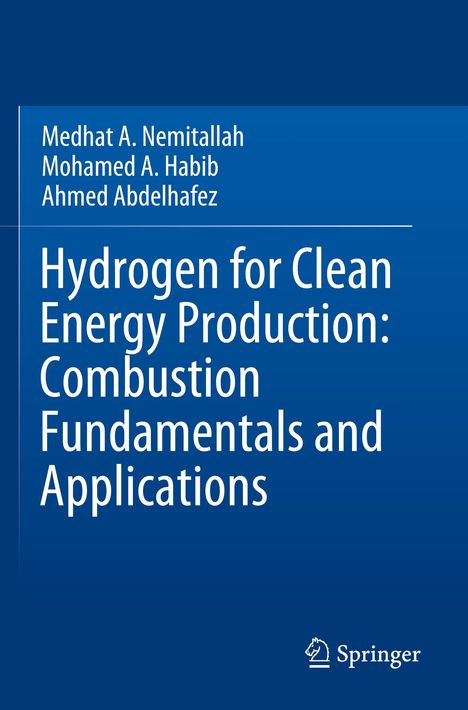 Text: "Hydrogen for Clean Energy Production: Combustion Fundamentals and Applications." Blaues Cover, Springer-Logo unten.