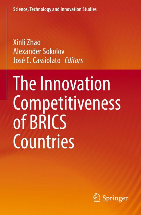 Cover eines Buches mit rotem und orangefarbenem Hintergrund, Titel: "The Innovation Competitiveness of BRICS Countries".