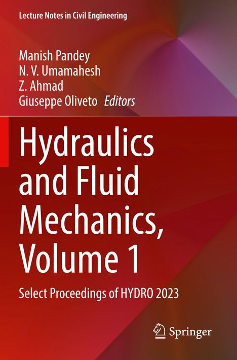 „Hydraulics and Fluid Mechanics, Volume 1“, Editors: Manish Pandey u.a., Springer-Logo unten; Hintergrund in Rottönen.