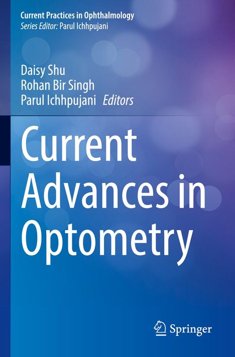 „Current Practices in Ophthalmology“, „Current Advances in Optometry“, blaue Hintergrundgestaltung mit Springer-Logo.