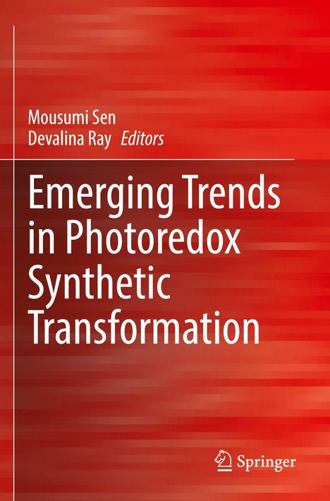 „Emerging Trends in Photoredox Synthetic Transformation” in Weiß. Hintergrund: rot gemustert.
