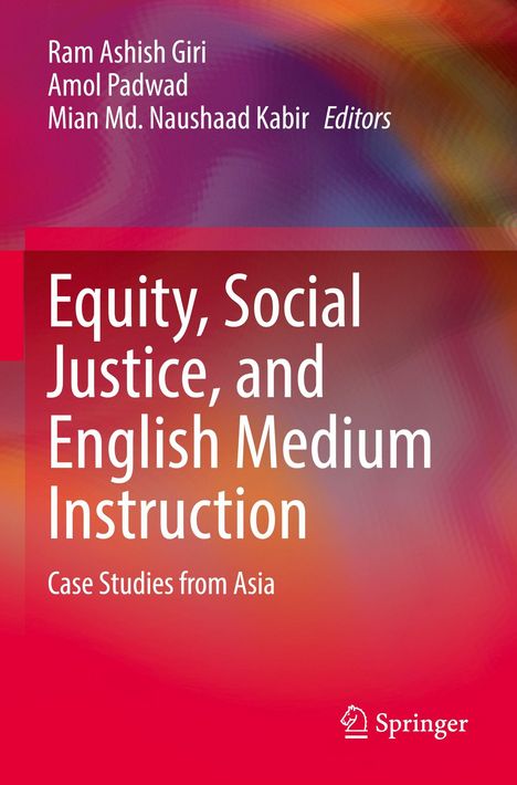 Titel: Equity, Social Justice, and English Medium Instruction. Farbverlauf in Rot, Blau und Orange. Springer-Logo.
