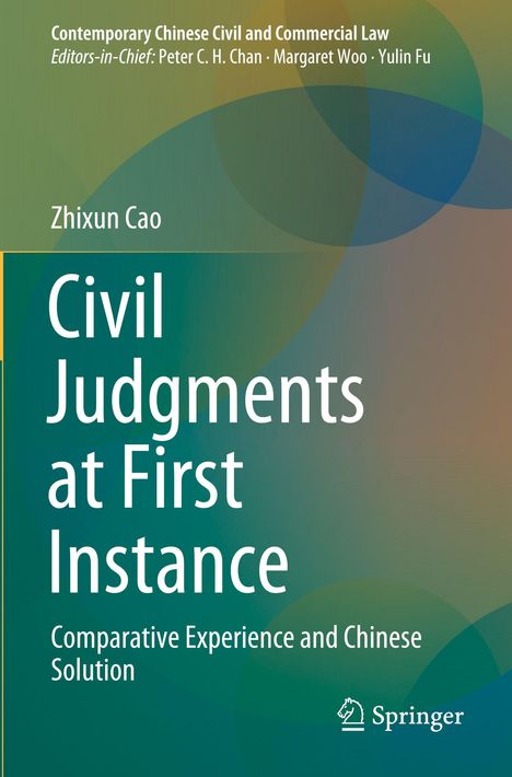 „Civil Judgments at First Instance“ von Zhixun Cao. Grüne und braune geometrische Formen im Hintergrund.