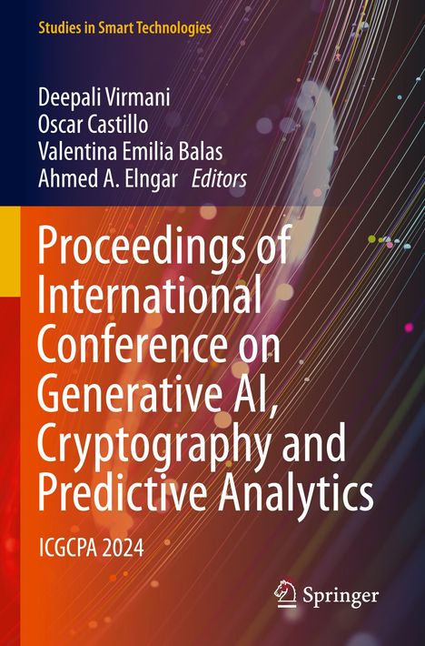 "Proceedings of International Conference on Generative AI, Cryptography and Predictive Analytics. Abstrakte Grafik mit bunten Linien."