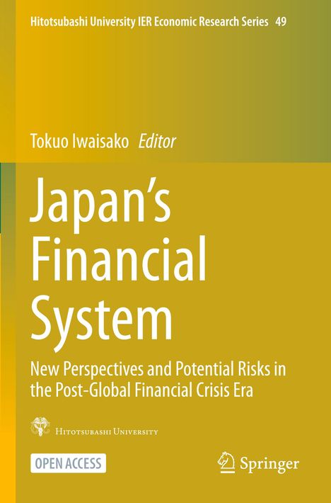 Buchtitel: "Japan's Financial System", gelber Hintergrund mit Logos von "Hitotsubashi University" und "Springer".