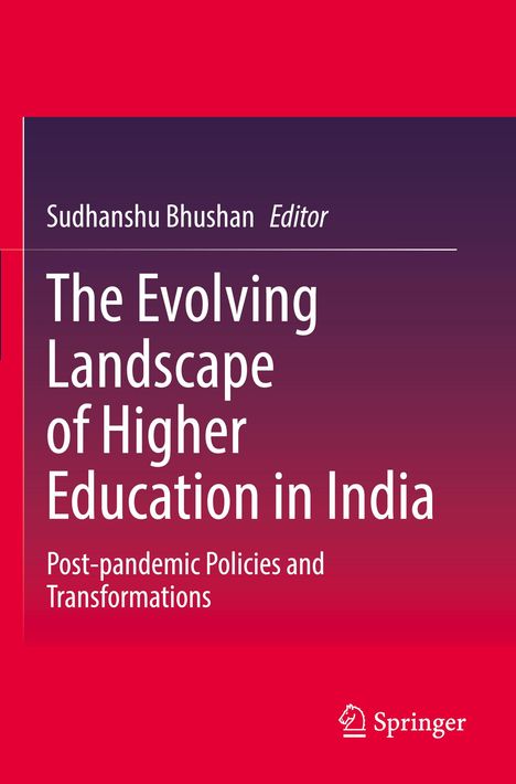 Buchtitel: "The Evolving Landscape of Higher Education in India". Es ist ein sachliches, farbenfrohes Cover in Rot und Lila.