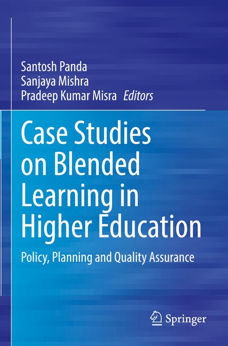 "Case Studies on Blended Learning in Higher Education" in weißem Text. Blaues, gestreiftes Hintergrund, Springer-Logo unten.