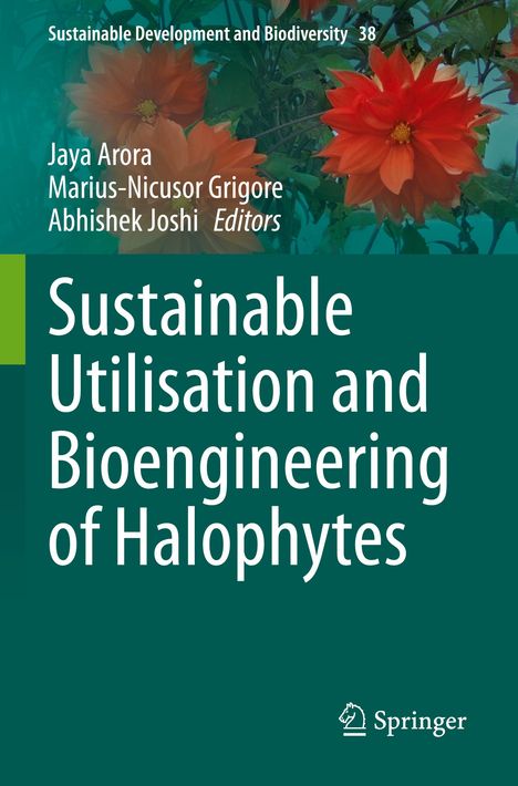 Text: "Sustainable Utilisation and Bioengineering of Halophytes". Rote Blumen und grünes Laub im Hintergrund. Springer-Logo unten.