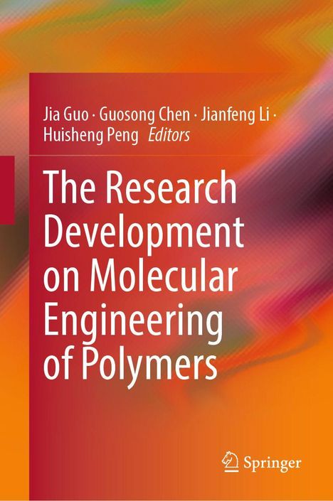 "The Research Development on Molecular Engineering of Polymers", Autorenliste, Springer-Logo unten, bunte abstrakte Hintergründe in Orange- und Rottönen.