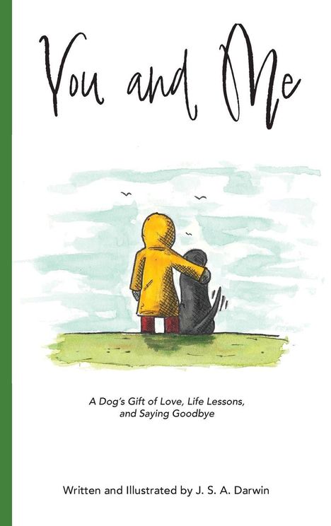 "You and Me" steht in großer Schrift oben. Illustration: Person im gelben Regenmantel umarmt einen Hund vor blauem Himmel.