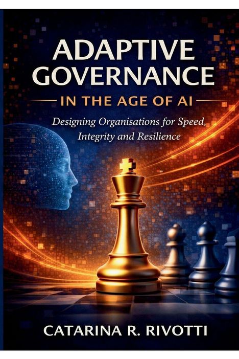 Titel: Adaptive Governance in the Age of AI. Ein goldener König auf einem Schachbrett, Hintergrund mit digitalem Kopf.