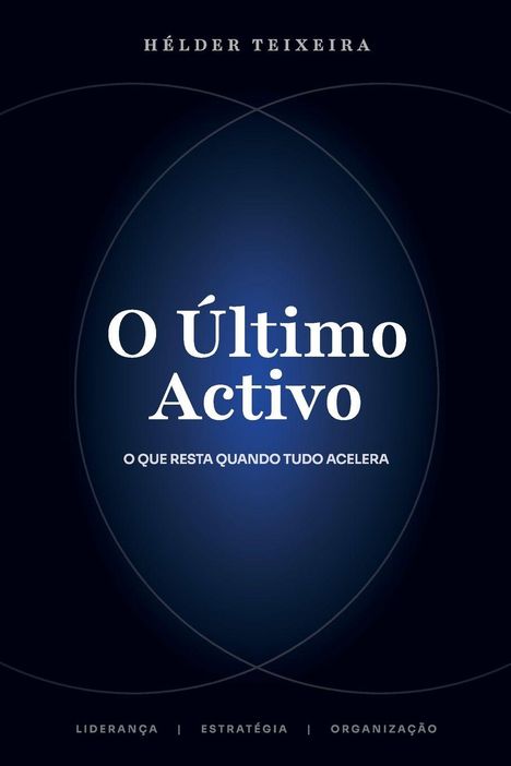 'O Último Activo', 'O que resta quando tudo acelera', vor dunklem Hintergrund mit subtilen elliptischen Mustern.