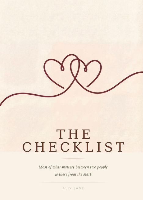 "THE CHECKLIST" und ein Zitat über Beziehungen. Illustration: Zwei verbundene Herzlinien auf hellem Hintergrund.