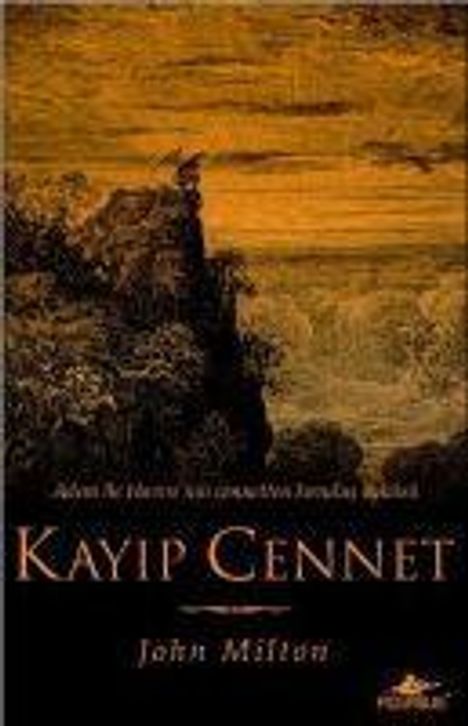 Text: "Kayıp Cennet", "John Milton". Illustration: Ein Mensch steht auf einem Felsen vor einem dramatischen Himmel.