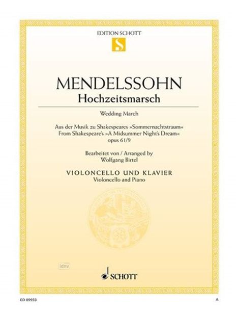 Hochzeitsmarsch aus Shakespeares "Sommernachtstraum", Violoncello und Klavier, Noten