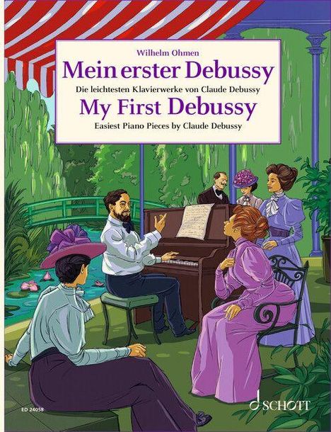 Titel: "Mein erster Debussy". Unten sitzen Menschen in eleganter Kleidung in einem Park. Ein Pianist spielt Klavier.