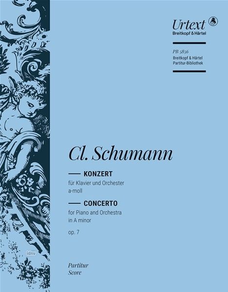 Cl. Schumann: Konzert für Klavier und Orchester a-moll, op. 7. Verzierter Engel links, Blau mit floralem Muster.