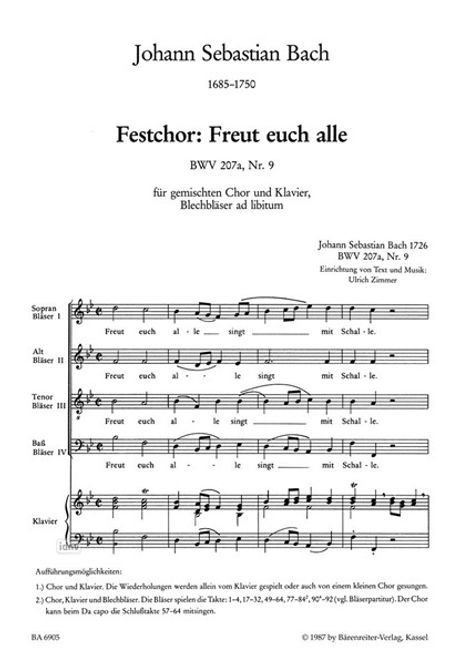 Johann Sebastian Bach: Freut euch alle, Festchor BWV 207, Chorpartitur, Noten