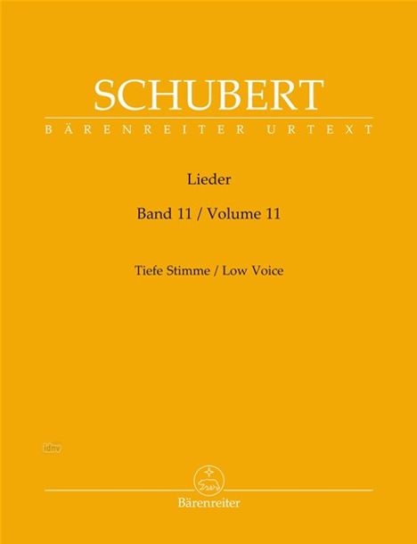 "Schubert", "Bärenreiter Urtext", "Lieder", "Band 11 / Volume 11", "Tiefe Stimme / Low Voice". Gelbes Cover, schlichtes Design.