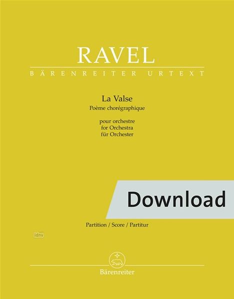 "Ravel, La Valse, Poème chorégraphique, pour orchestre", in der Mitte, gelber Hintergrund, Bärenreiter-Logo unten.