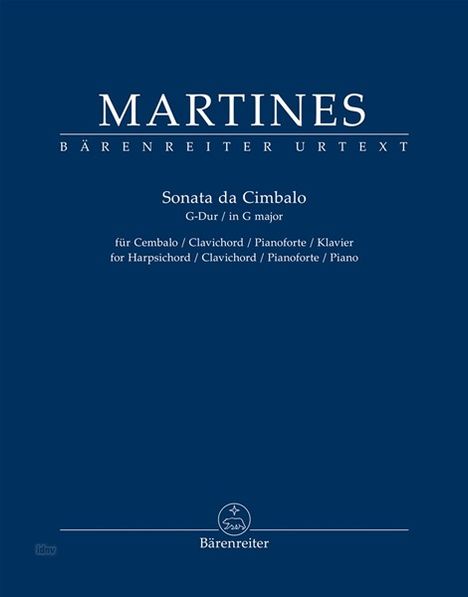 "Martines Bärenreiter Urtext: Sonata da Cimbalo in G-Dur für Cembalo, Clavichord, Pianoforte, Klavier. Blaues Cover, zentrierter Text."