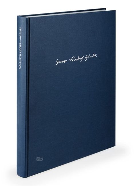 Halte Buchrücken: "Hallescher Händel-Ausgabe". Dunkelblaues Buch mit dem weißen handschriftlichen Namen auf der Vorderseite.