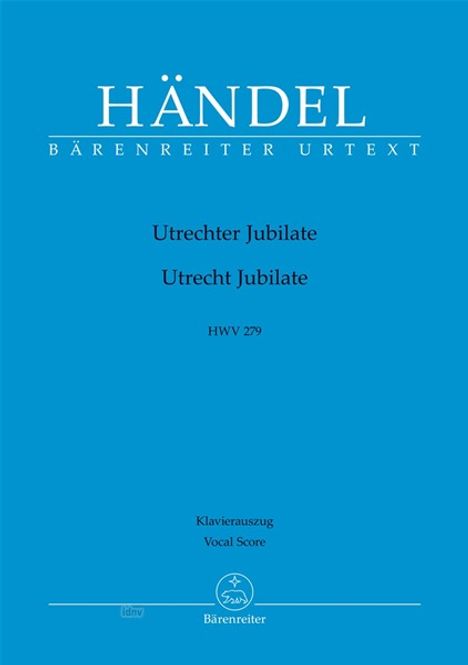 Text: "HÄNDEL BÄRENREITER URTEXT Utrechter Jubilate Utrecht Jubilate HWV 279 Klavierauszug Vocal Score". Blauer Hintergrund.