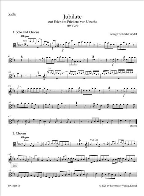 Notenblatt für Viola. Titel: "Jubilate", zur Feier des Friedens von Utrecht HWV 279, von Georg Friedrich Händel.