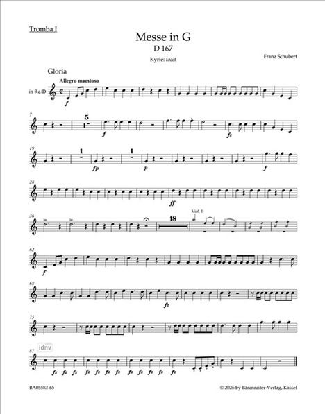 Die Seite zeigt "Messe in G D 167" von Franz Schubert, Tromba 1. Oben steht "Gloria" und "Allegro maestoso". Es sind Noten zu sehen.