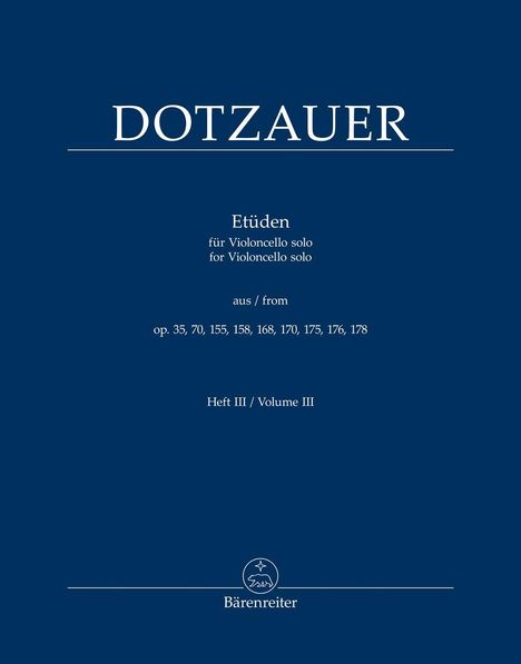 "DOTZAUER. Etüden für Violoncello solo aus op. 35, 70, 155-178. Heft III. Bärenreiter Logo unten."