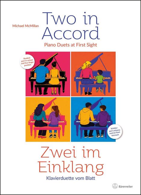 "Two in Accord: Piano Duets at First Sight", "Zwei im Einklang: Klavierduette vom Blatt". Illustration von vier Duettpaaren am Klavier.