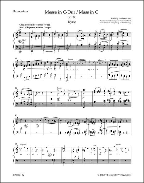 Notenblatt mit der Aufschrift: "Messe in C-Dur / Mass in C, op. 86, Kyrie, Ludwig van Beethoven."