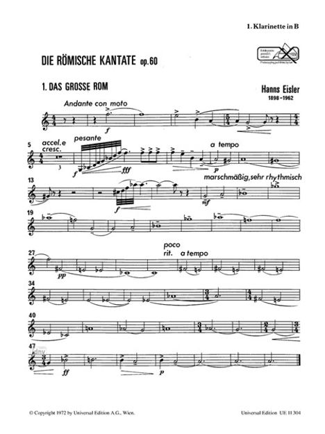 Die Römische Kantate für eine Frauenstimme, 2 Klarinetten in B, Viola und Violoncello op. 60 (1935), Noten