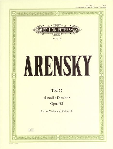 Anton Arensky: Arensky,A.          :Trio f. ...32 /KLAV/VL/VC, Noten