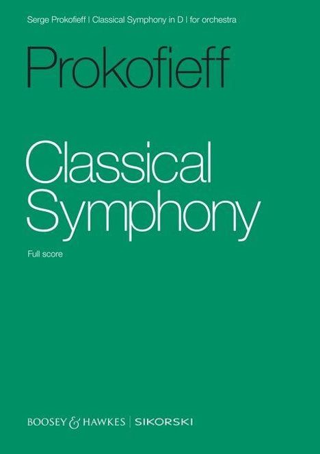 Grüner Hintergrund, Text: "Prokofieff Classical Symphony Full score". Unten: Verlagsnamen und Logo.