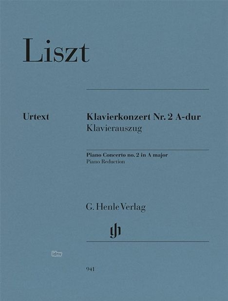 Auf blauem Hintergrund steht: "Liszt, Klavierkonzert Nr. 2 A-Dur, G. Henle Verlag".