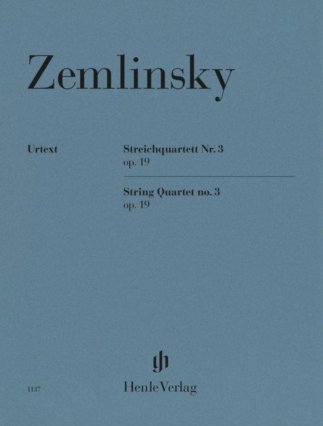 "Zemlinsky Streichquartett Nr. 3 Opus 19, Urtext, G. Henle Verlag." Blaues Cover mit schlichtem Design und einem Logo.