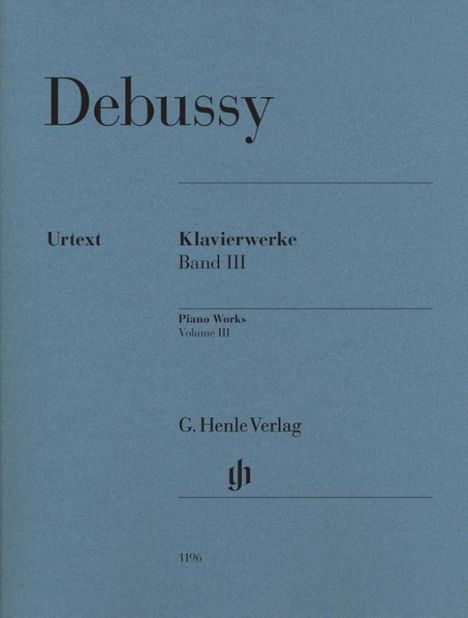 "Debussy, Urtext, Klavierwerke Band III, Piano Works Volume III, G. Henle Verlag, 1196" schwarzer Text auf blauem Hintergrund.